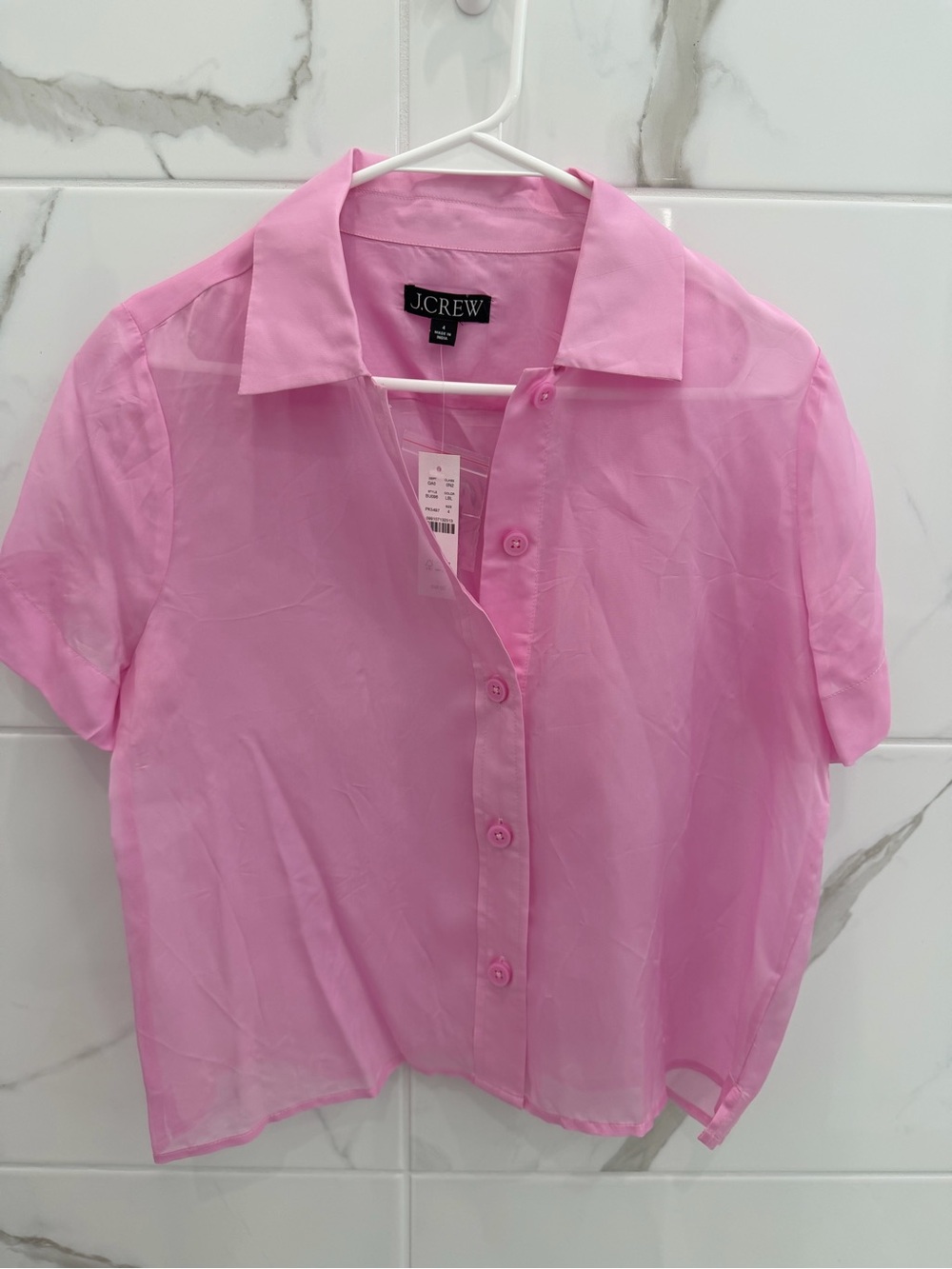 J.Crew Pink Short-Sleeve Silk Sheer Button-Up Top